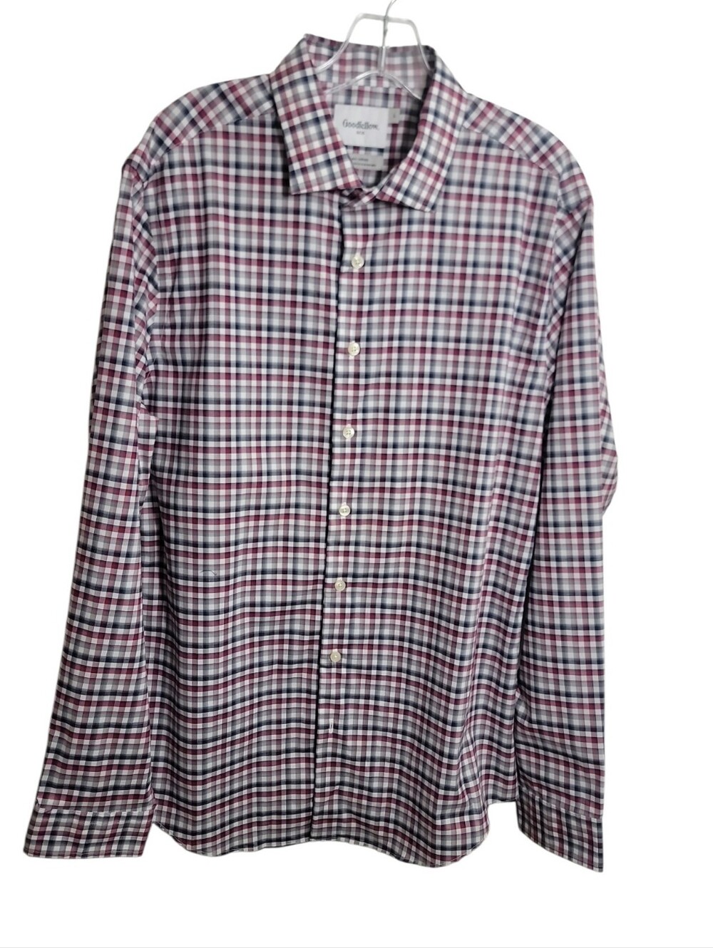 Goodfellow & Co. men's large slim button down plaid shirt burgundy white gray